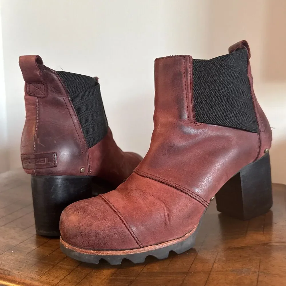 Sorel Burgundy Leather Combat Ankle Boots Women's 8 Casual Rugged